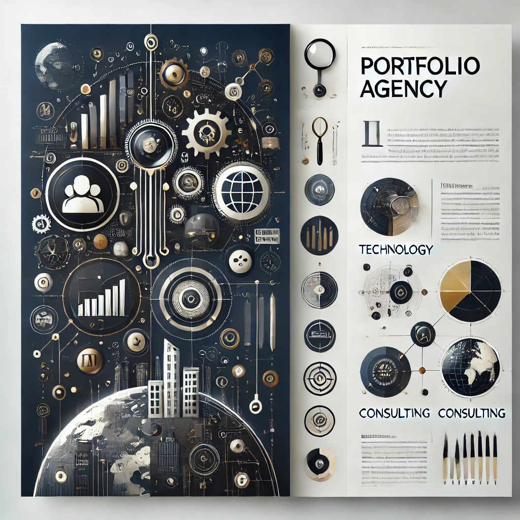 DALL·E 2024-11-23 06.44.08 - A sleek and professional portfolio agency banner showcasing modern business themes. The image includes icons and representations of various industries