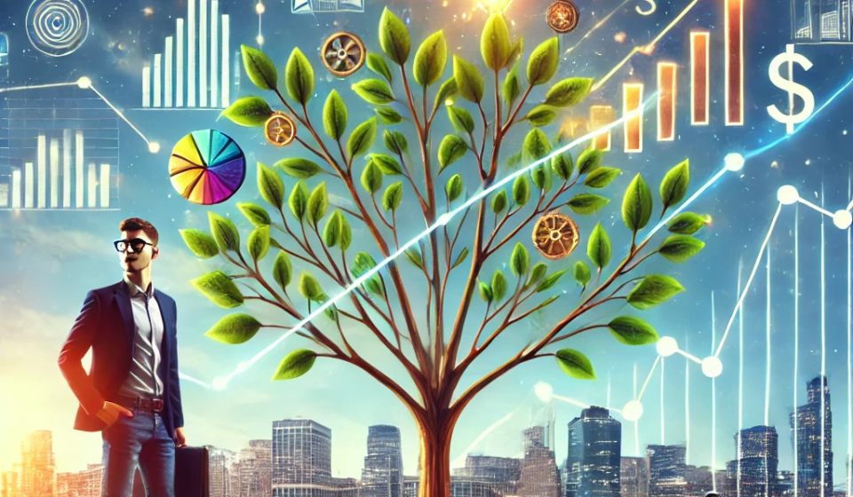 DALL·E 2024-11-26 02.03.03 - An inspiring illustration depicting the growth of a business_ A young entrepreneur standing confidently beside a thriving tree, whose branches are sha