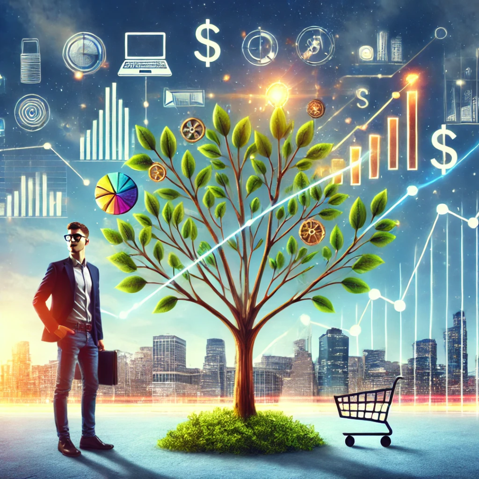 DALL·E 2024-11-26 02.03.03 - An inspiring illustration depicting the growth of a business_ A young entrepreneur standing confidently beside a thriving tree, whose branches are sha