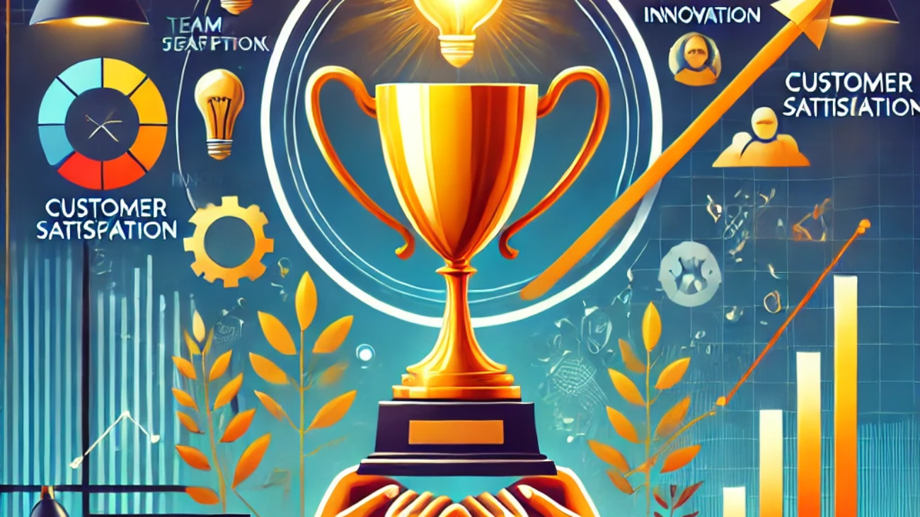 DALL·E 2024-11-26 02.04.04 - A visually striking illustration representing what makes a business great_ a golden trophy on a pedestal surrounded by symbols of teamwork (hands join