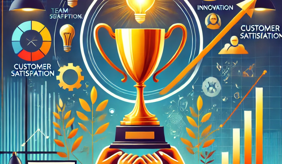 DALL·E 2024-11-26 02.04.04 - A visually striking illustration representing what makes a business great_ a golden trophy on a pedestal surrounded by symbols of teamwork (hands join