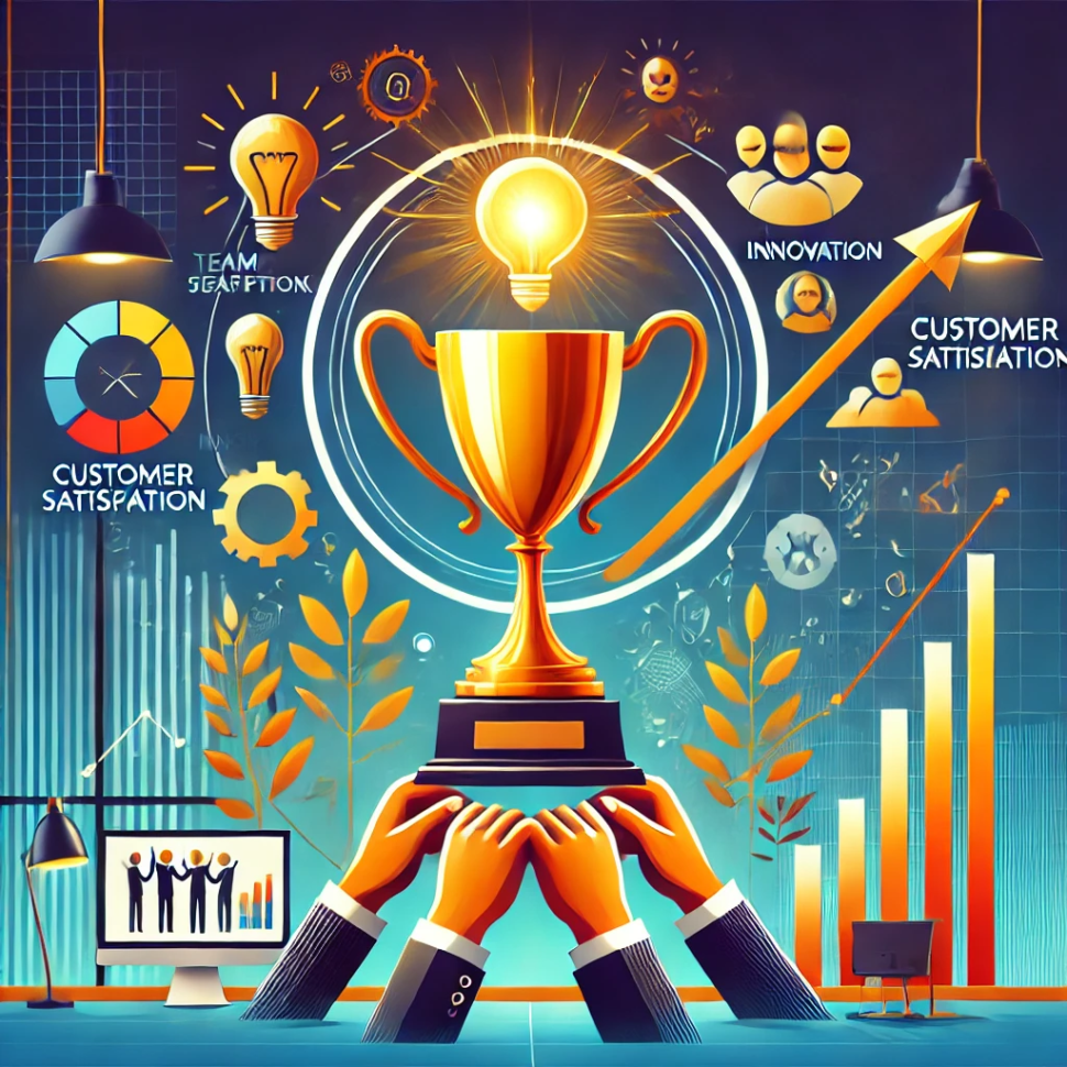 DALL·E 2024-11-26 02.04.04 - A visually striking illustration representing what makes a business great_ a golden trophy on a pedestal surrounded by symbols of teamwork (hands join