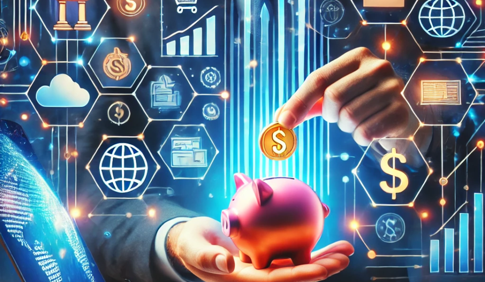 DALL·E 2024-11-26 02.05.01 - A creative illustration representing investment in online businesses_ a digital laptop screen displaying a marketplace with icons of dollar signs, upw